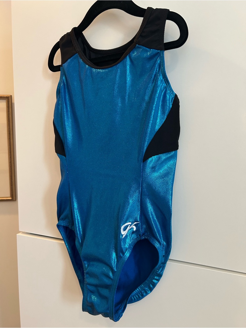 GK Shimmery Blue and Black Girls Leotard - Size Child’s Large